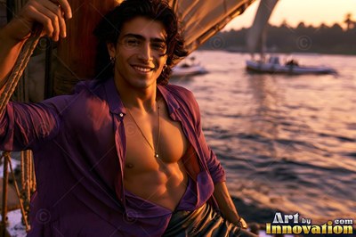 Smiling on a boat at sunset, a man rests in an open light purple shirt on the Nile
