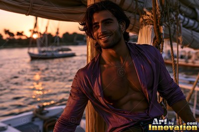 Beaming man with an open purple shirt on a sailboat at sunset
