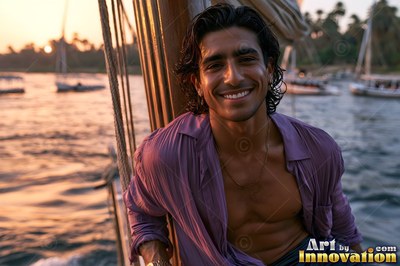 An unbuttoned dark purple shirt on a smiling man riding a wooden boat on the Nile river