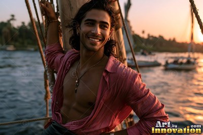 A smiling man dressed in an open pink shirt leans against a mast on the Nile in warm sunset light
