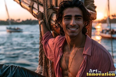 Smiling while leaning against ship rigging, a man in a pink shirt on the Nile at sunset