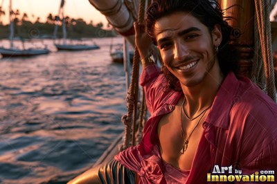 A beaming man wearing an open pink shirt sits on a boat on the Nile at sunset