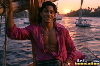 On a sailboat at sunset, a smiling man props himself back in an open pink shirt