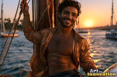 Smiling on a boat, a bare-chested man wears an unbuttoned gold soft silk shirt at sunset