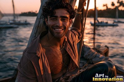 Grinning man wearing an unbuttoned shirt sits on a boat at sunset