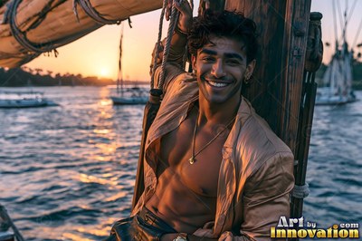 Smiling in an unbuttoned tan silk shirt, a man sits on a boat on the Nile at sunset