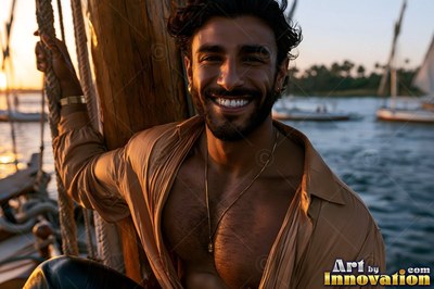 A beaming man leans on a wooden mast in an open tan shirt under warm sunset light
