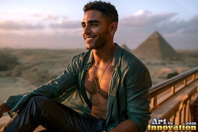 Sitting on a balcony, a beaming man in a green shirt looks past the pyramids