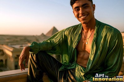On a sunny balcony above pyramids, a smiling man rests in an open green thin silk shirt