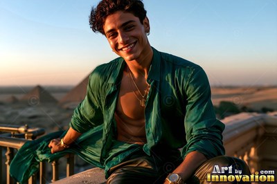 Smiling on a balcony, a youthful man with an open green smooth silk shirt overlooks the pyramids at sunset