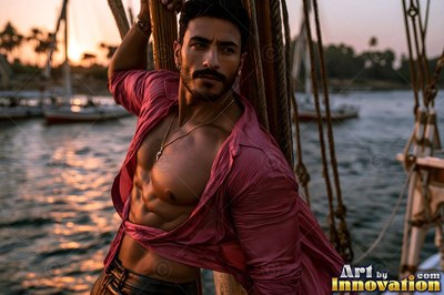 Man with an unbuttoned pink shirt on a boat at sunset