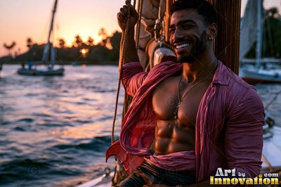 A smiling man in an unbuttoned pink shirt holds rigging on a Nile sailboat at sunset