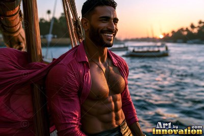 A grinning man leans on a boat mast in an unbuttoned pink shirt under warm sunset light