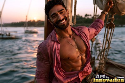 Leaning against a boat mast on the Nile, a beaming man wears an open pink shirt