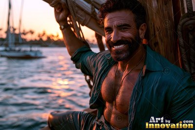 Smiling on a wooden boat at sunset, a bearded man wears an open green shirt