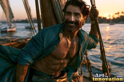 Cheerful man in an open light teal shirt on a boat at sunset