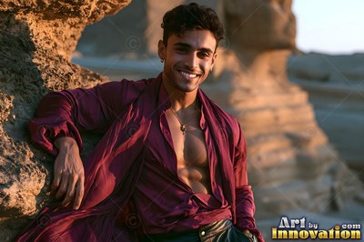 In an unbuttoned maroon shirt, a smiling young man relaxes by the Great Sphinx at sunset