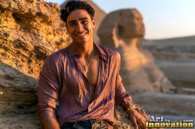 A smiling man leans on desert rocks near the Sphinx in warm sunset light