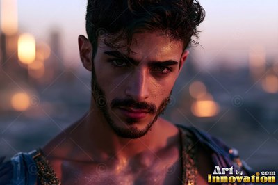 Head turned close up, a dark-haired man stands on a balcony at dusk