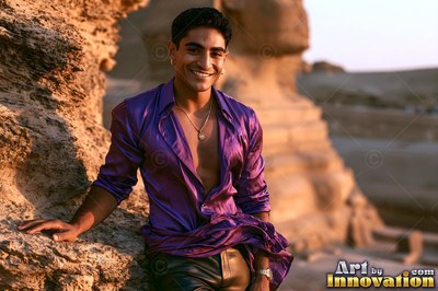 A smiling man in an open purple silk shirt leans against rocks near the Sphinx