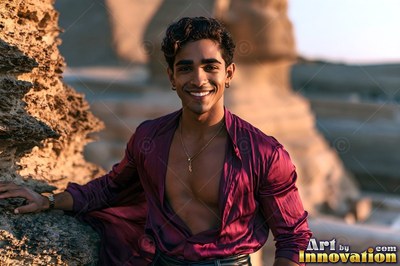 Near the Great Sphinx, a smiling youthful man poses in an open maroon soft silk shirt