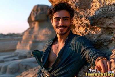 Smiling in late sunlight, a man rests against rocks before the Great Sphinx