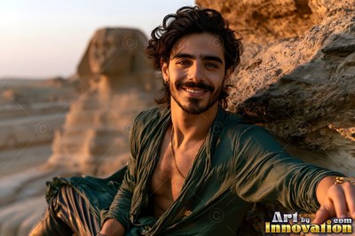 Smiling man dressed in an open green shirt sitting by the Sphinx in warm light