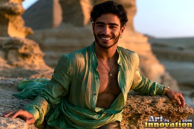 An unbuttoned green light silk shirt on a smiling man leaning against pale rocks at Giza
