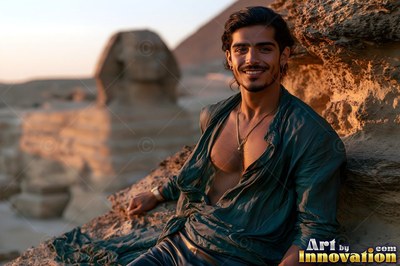 A smiling man reclines in an open dark green shirt against warm stone near the Sphinx