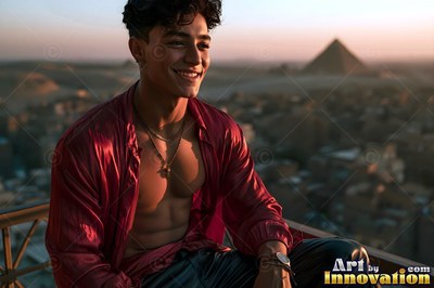 Smiling young man sits on a Giza balcony before the pyramids in an open red shirt