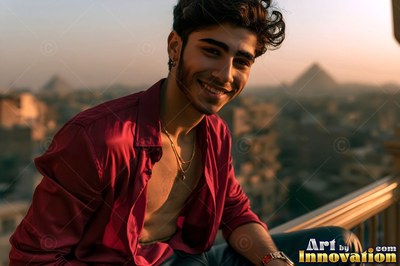 A smiling young adult man in an open red silk shirt sits on a balcony near the pyramids