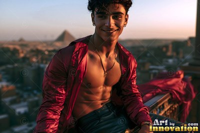 On a rooftop balcony near Giza, a beaming man sits in an open red silk shirt