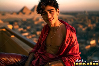 Smiling on a balcony, a guy wears an open red silk shirt at sunset above pyramids