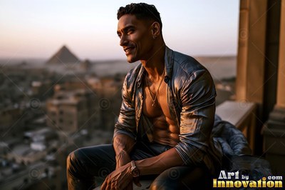 A man with an unbuttoned gray shirt sits on a balcony near Giza pyramids