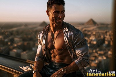 Wearing an unbuttoned silver shirt, a smiling man sits on a high balcony above the pyramids