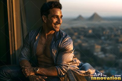A happy man sits on a balcony above the pyramids in warm sunset light