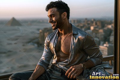 Smiling in profile on a balcony, a man wearing an open thin silk shirt looks toward pyramids