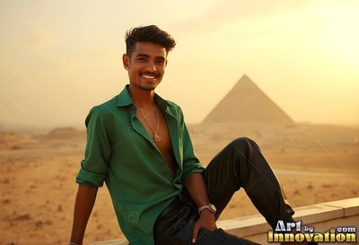 A smiling younger man in an unbuttoned green shirt sits before a pyramid at sunset