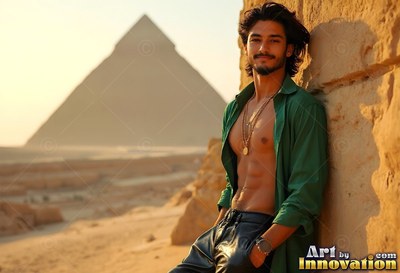 Near the pyramids, a beaming man reclines on stone in an unbuttoned green shirt