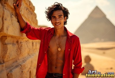 Leaning on stone blocks, a cheerful man wears an open red shirt near a pyramid in the sun