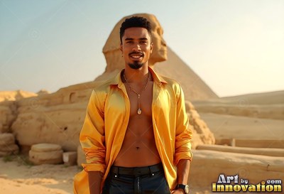Man in an open yellow smooth silk shirt smiling by the Sphinx
