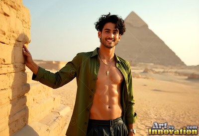 An unbuttoned green shirt on a smiling man standing near a pyramid in the desert sand
