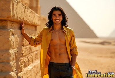 A cheerful man reclines on a stone wall wearing an open yellow shirt in warm desert light