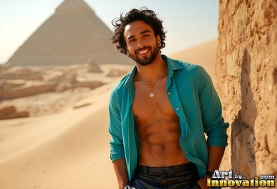 Beaming man leaning back against a stone wall near a pyramid in an open teal shirt