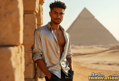A man in an unbuttoned silver shirt leans on a stone wall near a pyramid