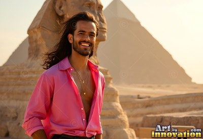 In front of the Sphinx, a cheerful man wears an open pink thin silk shirt