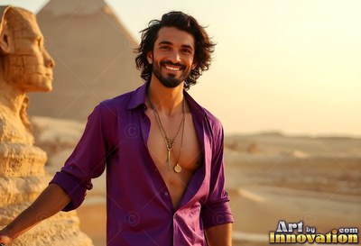 Smiling near the Great Sphinx, a dark-haired man wears an open bright purple shirt in sunlight
