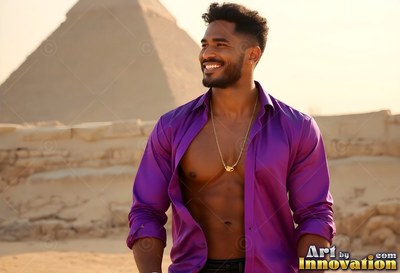 Smiling man dressed in an open deep purple shirt near a pyramid in the sun