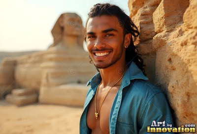 Unbuttoned in a bright teal shirt, a cheerful man leans on stone near the Great Sphinx