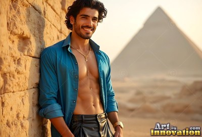 A smiling man reclines on a stone wall by a pyramid in warm afternoon light